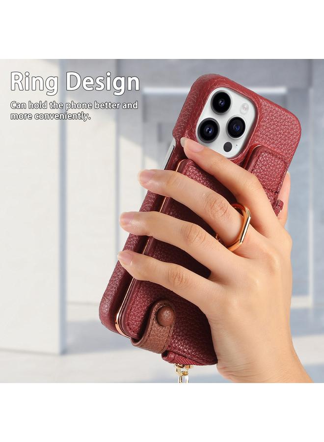 اس-توب جراب لهاتف iPhone 15 Pro مصنوع من جلد الليتشي مع حافة زيتية وسحاب ومحفظة خلفية للهاتف - Image 3