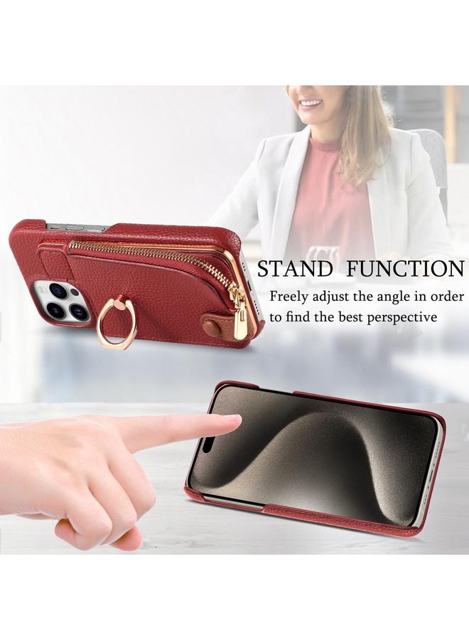 اس-توب جراب لهاتف iPhone 15 Pro مصنوع من جلد الليتشي مع حافة زيتية وسحاب ومحفظة خلفية للهاتف - Image 5