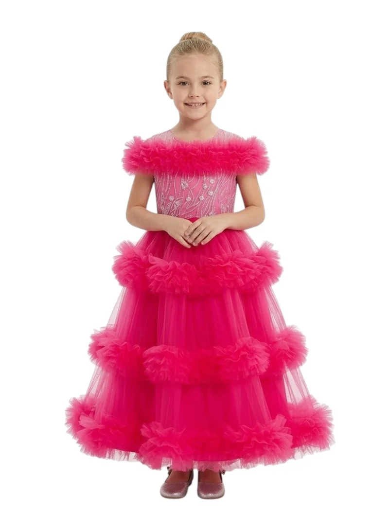 Bidani Girls Hot Pink Tiered Tulle Ball Gown