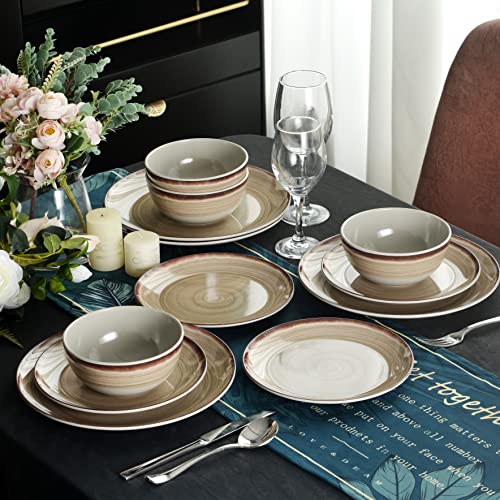 Hesinco Melamine Dinnerware Sets, Dinnerware Sets for 4, 12Pcs Plates And Bowls Sets, Lightweight and Unbreakable Dish Set for Camping, Picnic,RV, Dishwasher Safe,BPA Free（Brown） - Image 5