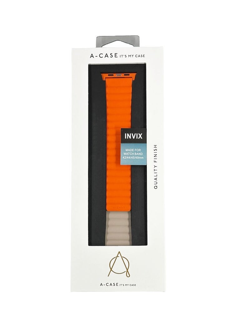 A-CASE - INVIX Reversible Magnetic Silicone Strap for Apple Watch 42/44/45/49MM - Ultra-Soft, Waterproof, Adjustable with Stainless Steel Connectors - Comfortable & Stylish - Orange/taupe - Image 1