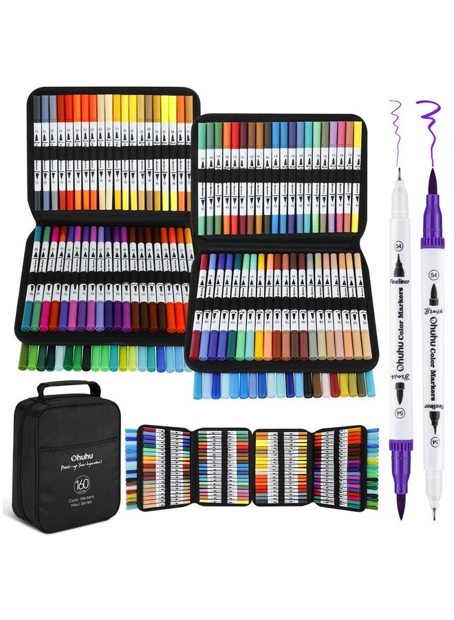 Ohuhu Brush Pen 160 Colors Water-based Sketch Pen Set No Bleeding Dual Tips Fineliner & Brush Drawing Pens with Carrying Case Art Marker for Kids Adults Adults Calligraphy Journal - Maui - White - Image 1