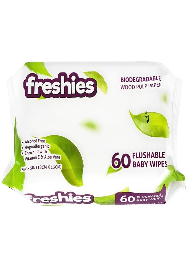 Freshies مناديل مبللة قابلة للشطف للأطفال - 7" × 5" (عبوة من 60) - مثالية للأطفال والرضع - Image 1