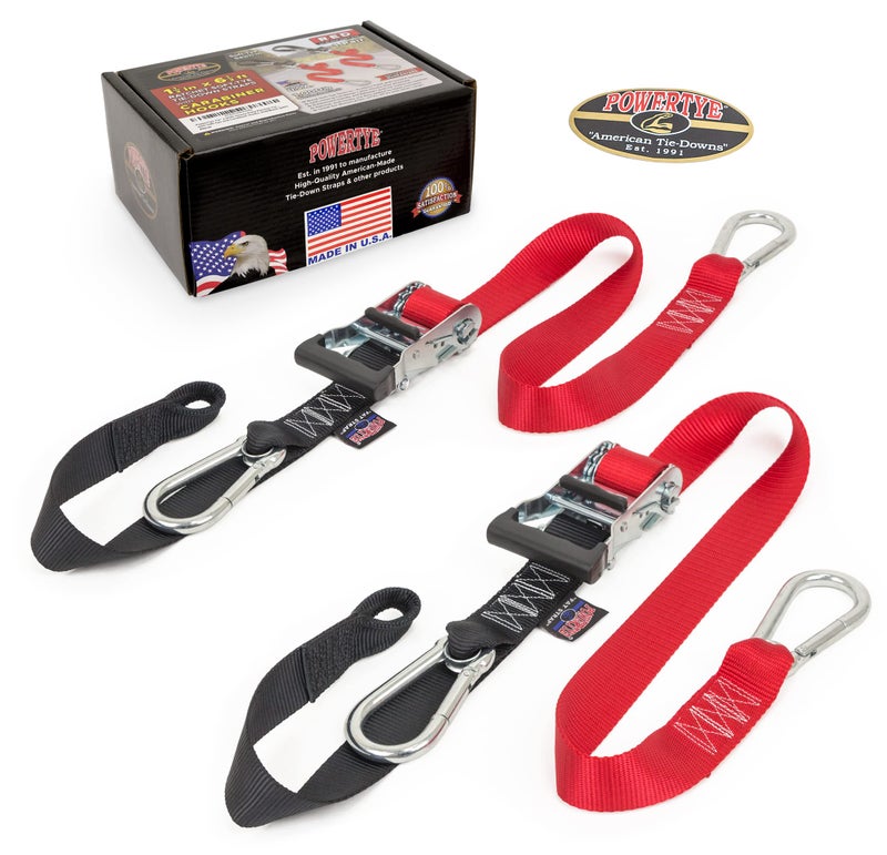 PowerTye 1.5in x 6.5ft Heavy Duty Ratchet Tie-Down Straps with Soft-Tye and Carabiner Hooks - 1,000 lb Working Load Limit / 3,000 lb Breaking Strength - Made in USA - Red/Black Pair - Image 2