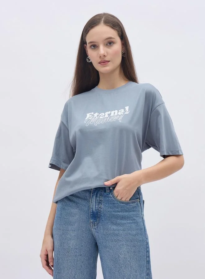 Styli Styli Women Blue Slogan Print Short Sleeve Oversized T-Shirt