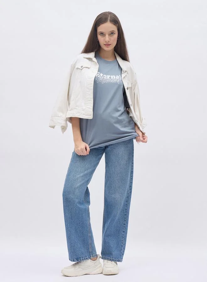 Styli Styli Women Blue Slogan Print Short Sleeve Oversized T-Shirt