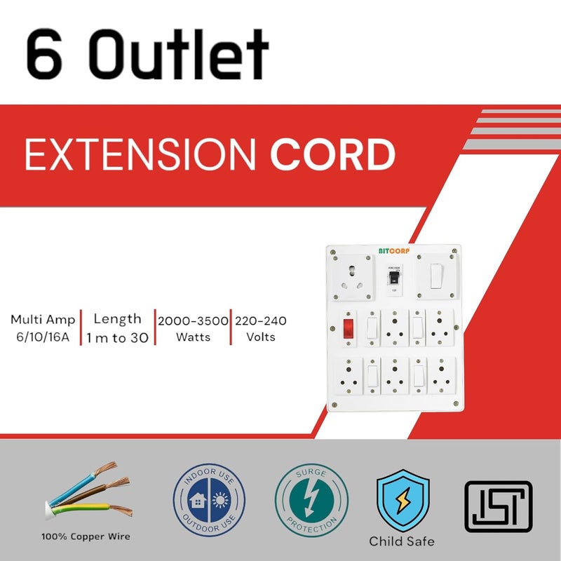 Bitcorp 6A 16A 20A Heavy Duty Extension Board International 6 Socket 5 Switch 2500W Surge Protector with 3 Meter Long Wire Cable for Ac Refrigerator Washing Machine Microwave Large Appliances - Image 2