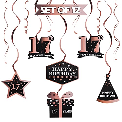 LINGTEER Happy 17th Birthday Decorations 12 Pcs Birthday Black Rose Gold Swirls Streamer SetCheers to Seventeen Years Old Bday Party Decorations Gift Sign - Image 1