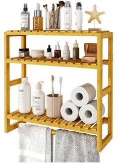 XiuWoo 3 Tier Adjustable Wood Bamboo Home Wall Mounted Storage Rack, Over Toilet Rack, Bathroom Organizer, Bathroom Rack, Storage Organizer Shelf with Towel Bar Shower  - Image 1