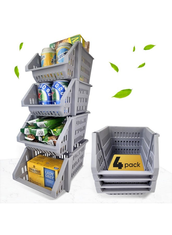 Skywin Tidyfriend Small Plastic Stackable Storage Bins For Pantry, 4-Pack Open Front Storage Bins, Toy Organizers, Kitchen, Bathroom Essentials (Light Grey)  - Image 1