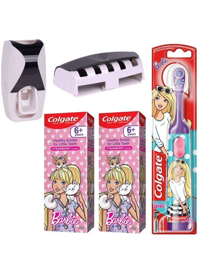 Colgate - Colgate Kids Barbie Electric Battery Powered Toothbrush + Colgate Anticavity Kids Barbie Toothpaste (6+ Years) Strawberry Flavour 80G (Pack Of 2)+ Free Wall Mount Automatic Toothpaste Dispenser - Image 1