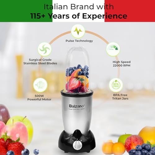 Balzano Bullet Mixer Grinder 500W, 3 Jars, 2 Blades, 2 Lids, Italian Premium Brand, Pulse Function, Blender for Smoothies and Juices/Smoothie Maker, Portable Blender, Grinder for Kitchen, Silver - Image 2