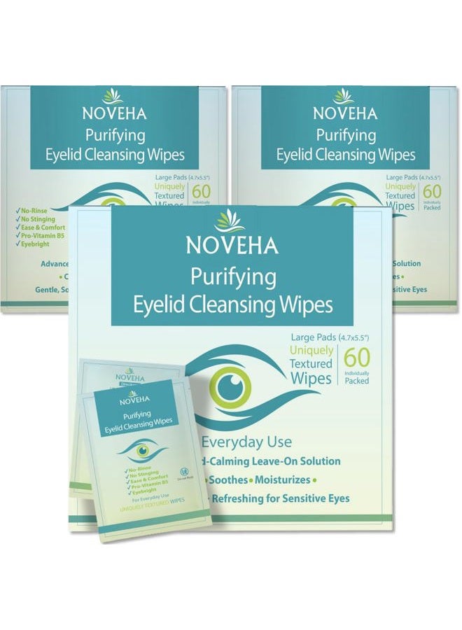 NOVEHA Eyelid & Lash Wipes | lid and lash Cleansing Wipes, Soothing For Sensitive Eyes, (60 Count each (Pack of 3)) - Image 1