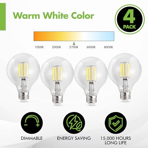 KOR 4 Pack 4.5W (40W Equivalent) Clear G25 Globe Led Light Bulbs 2700K Warm White Dimmable Filament Vintage LED Globe E26 Base Dimmable for Bathroom Vanity Bedroom Pendant - Image 4