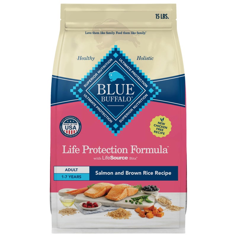 Blue Buffalo Life Protection Formula Adult Dry Dog Food, Helps Build and Maintain Strong Muscles, Made with Natural Ingredients, Salmon & Brown Rice Recipe, 15-lb. Bag - Image 1