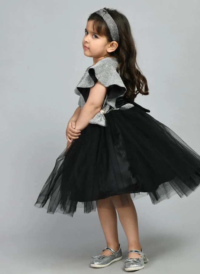 BELLA MODA Bella Moda Embellished Ruffled Sleeve Knee-Length Mesh Dress