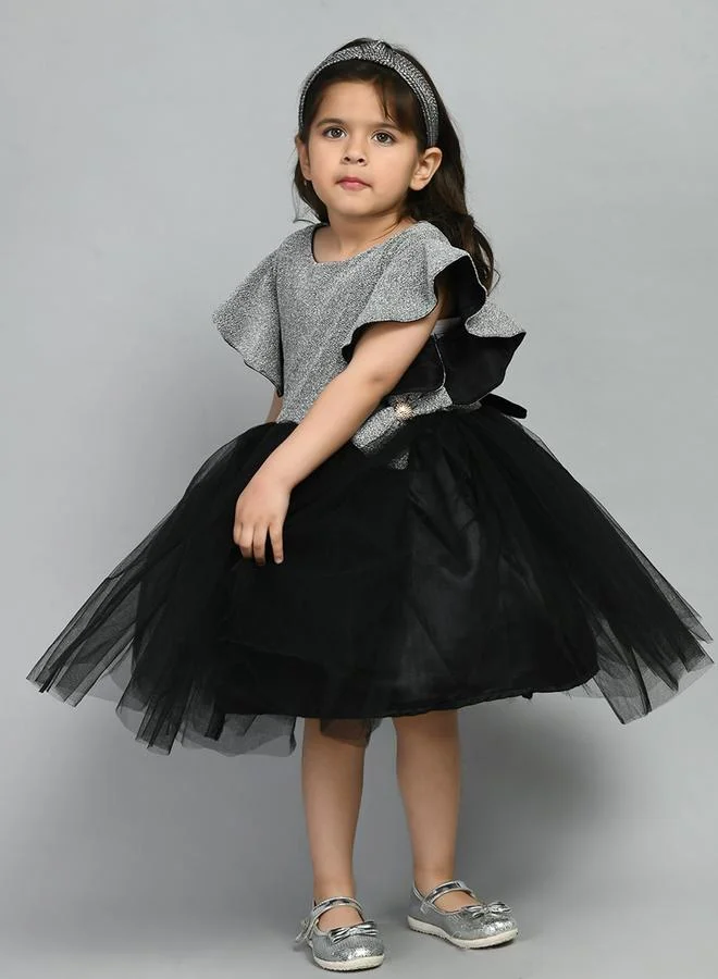 BELLA MODA Bella Moda Embellished Ruffled Sleeve Knee-Length Mesh Dress