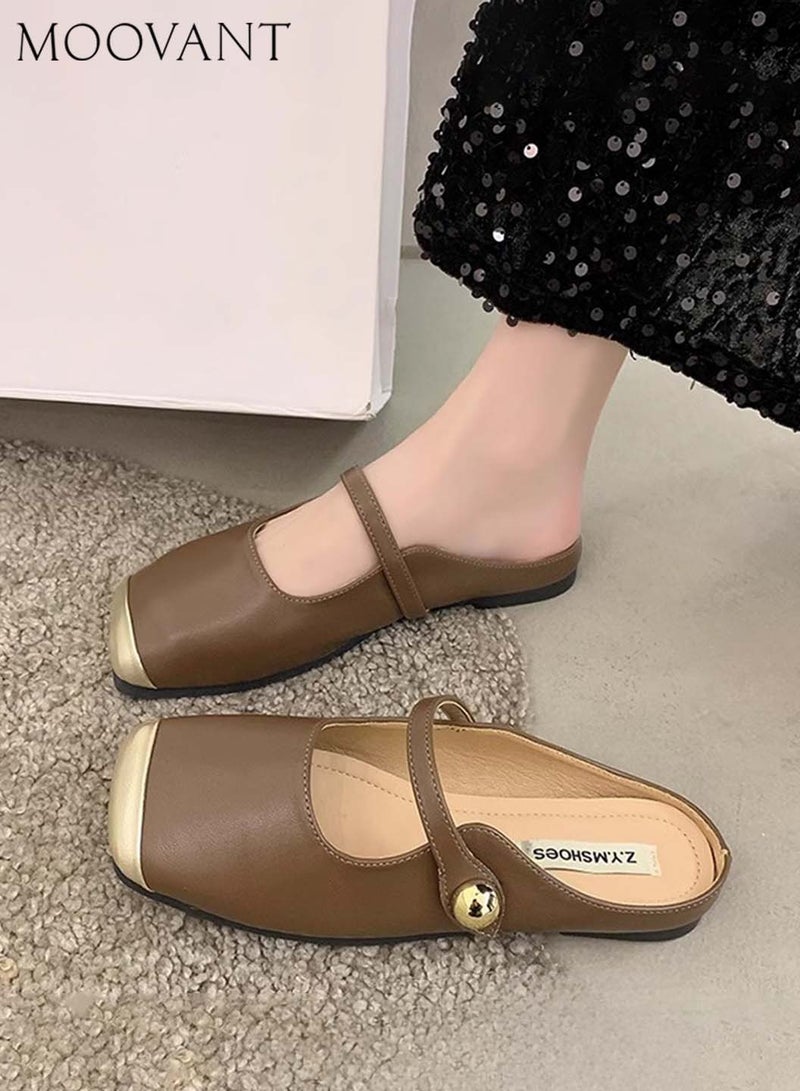 Moovant Mules for Women, Flats Square Toe Slip-on Flat Slides, Comfortable Suede Women Slippers, Patchwork Backless Loafer Shoes, Ladies Flat Sandals  - Image 2