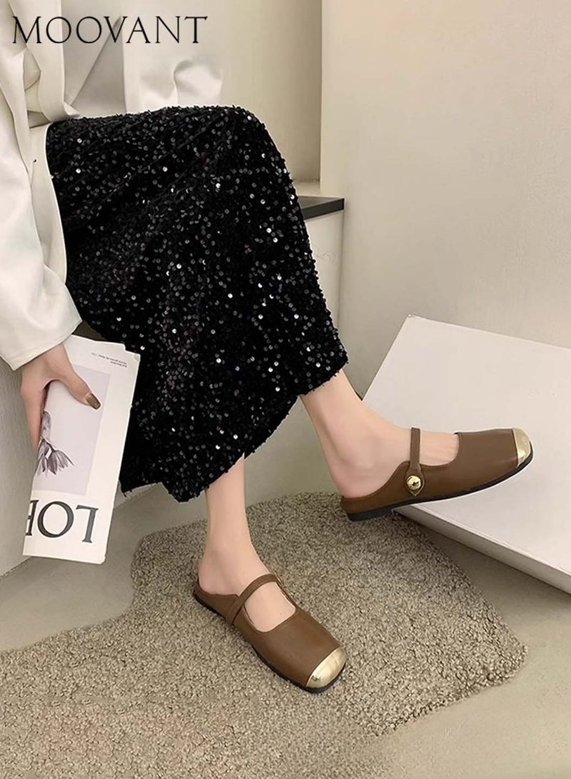 Moovant Mules for Women, Flats Square Toe Slip-on Flat Slides, Comfortable Suede Women Slippers, Patchwork Backless Loafer Shoes, Ladies Flat Sandals  - Image 3