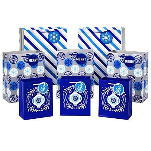 Hallmark Holiday Gift Bag Assortment Blue and Silver Pack of 8 Gift Bags 3 Small 6 3 Medium 9 2 Large 13 Ornaments Snowflakes Stripes - Image 1