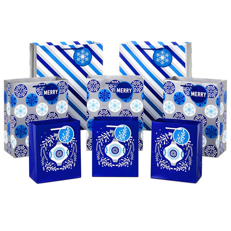 Hallmark Holiday Gift Bag Assortment Blue and Silver Pack of 8 Gift Bags 3 Small 6 3 Medium 9 2 Large 13 Ornaments Snowflakes Stripes - Image 2