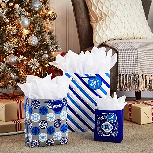 Hallmark Holiday Gift Bag Assortment Blue and Silver Pack of 8 Gift Bags 3 Small 6 3 Medium 9 2 Large 13 Ornaments Snowflakes Stripes - Image 3