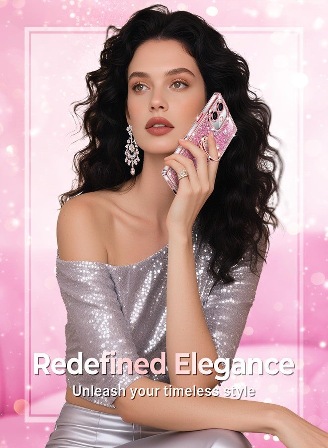 XYZ جراب XYZ لهاتف iPhone 16، غطاء هاتف لامع براق مع حامل على شكل قلب بحلقتين وحبل، جراب فاخر مرصع بأحجار الراين مقاوم للصدمات لحماية هاتف iPhone 16، وردي اللون. - Image 5