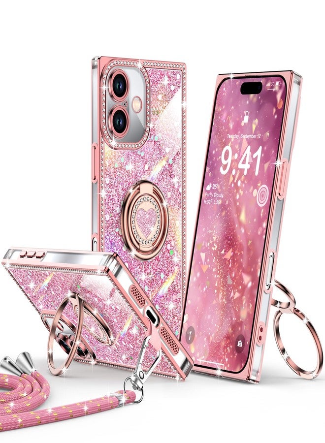 XYZ جراب XYZ لهاتف iPhone 16، غطاء هاتف لامع براق مع حامل على شكل قلب بحلقتين وحبل، جراب فاخر مرصع بأحجار الراين مقاوم للصدمات لحماية هاتف iPhone 16، وردي اللون. - Image 1