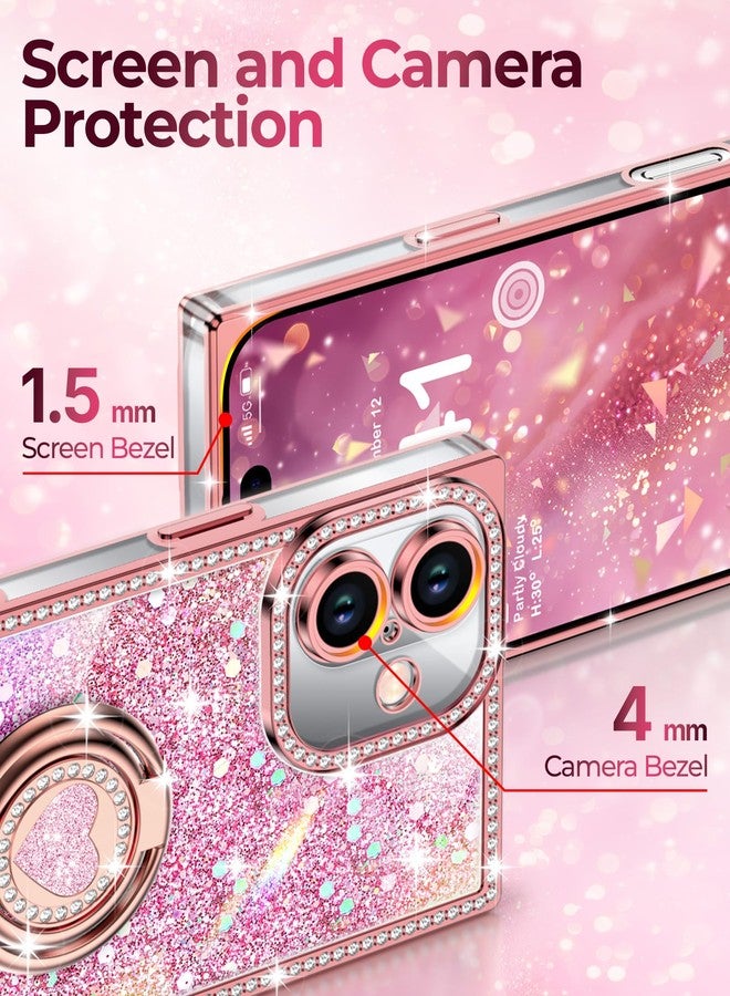 XYZ جراب XYZ لهاتف iPhone 16، غطاء هاتف لامع براق مع حامل على شكل قلب بحلقتين وحبل، جراب فاخر مرصع بأحجار الراين مقاوم للصدمات لحماية هاتف iPhone 16، وردي اللون. - Image 4