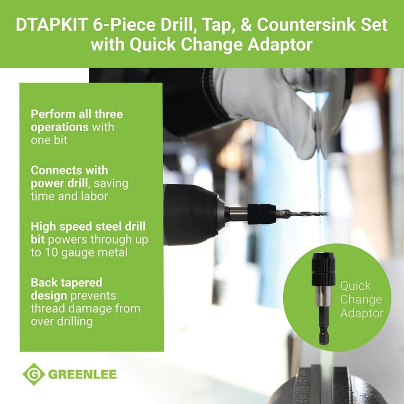 Greenlee مجموعة حفر/تثقيب Greenlee DTAPKIT للمعادن، حفر وتثقيب وإزالة الشوائب/تسوية في خطوة واحدة مع محول تغيير سريع، 6-32 إلى 1/4-20 - Image 2