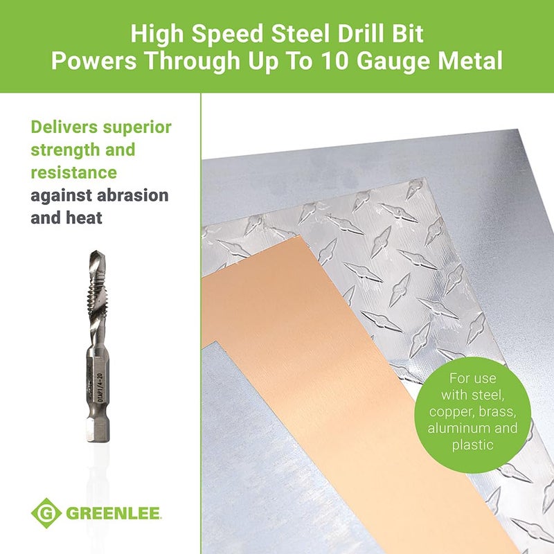 Greenlee مجموعة حفر/تثقيب Greenlee DTAPKIT للمعادن، حفر وتثقيب وإزالة الشوائب/تسوية في خطوة واحدة مع محول تغيير سريع، 6-32 إلى 1/4-20 - Image 4