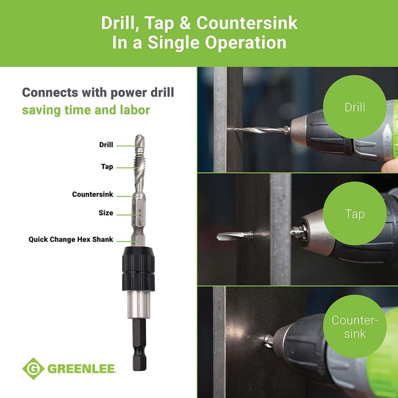 Greenlee مجموعة حفر/تثقيب Greenlee DTAPKIT للمعادن، حفر وتثقيب وإزالة الشوائب/تسوية في خطوة واحدة مع محول تغيير سريع، 6-32 إلى 1/4-20 - Image 3