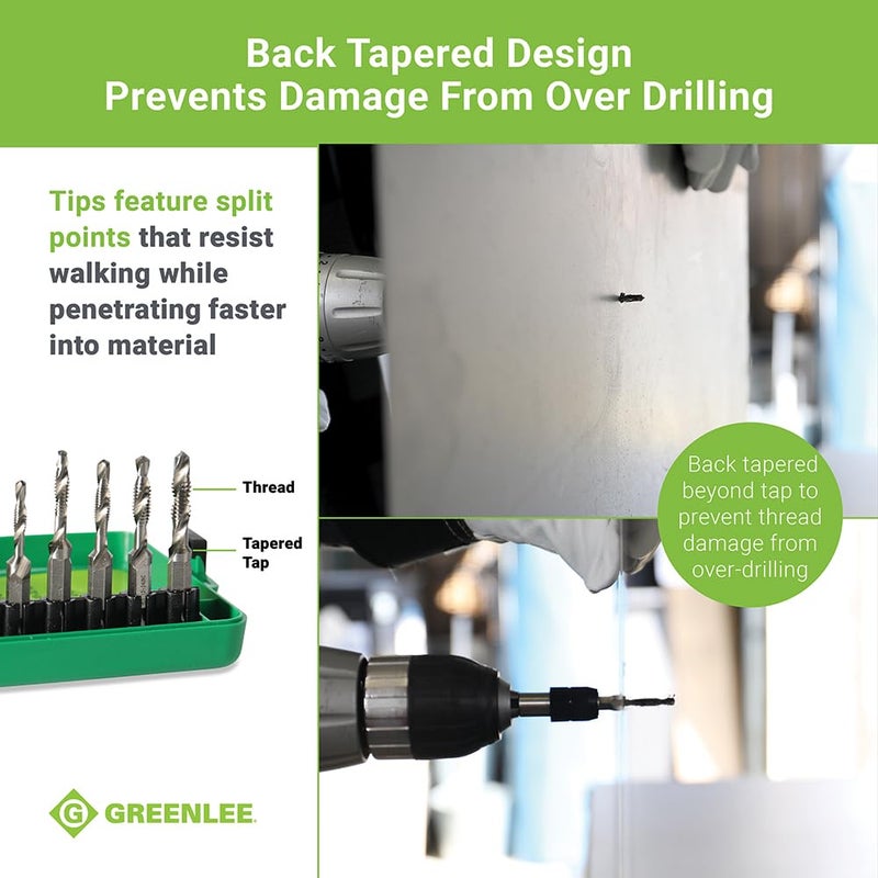 Greenlee مجموعة حفر/تثقيب Greenlee DTAPKIT للمعادن، حفر وتثقيب وإزالة الشوائب/تسوية في خطوة واحدة مع محول تغيير سريع، 6-32 إلى 1/4-20 - Image 5