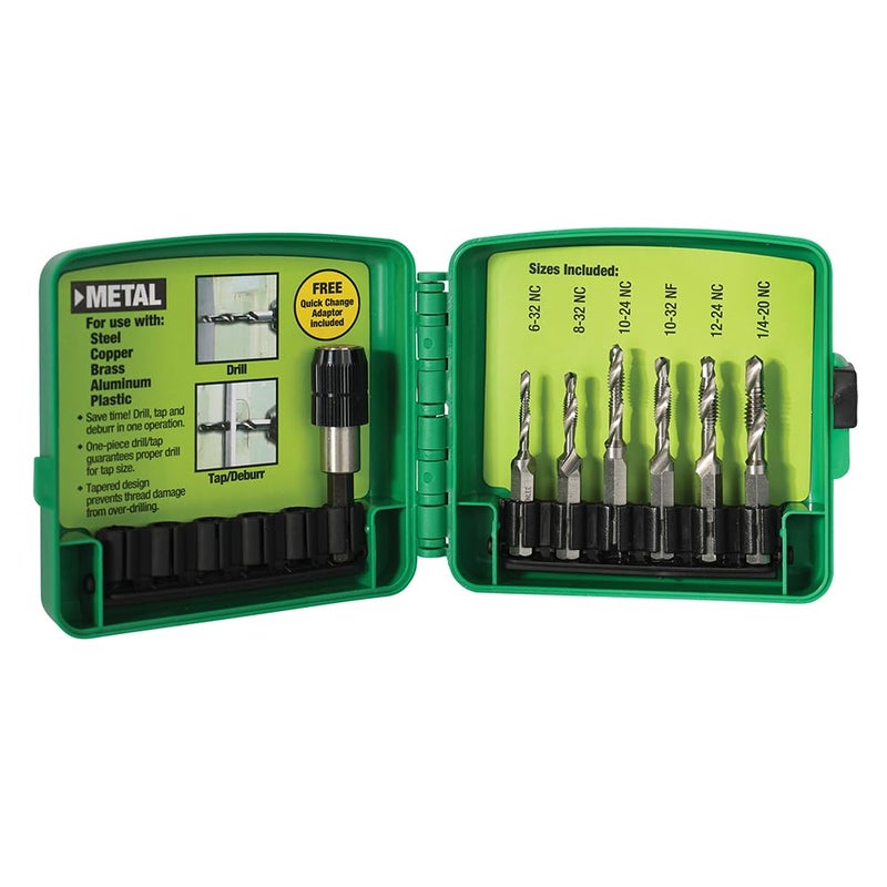 Greenlee مجموعة حفر/تثقيب Greenlee DTAPKIT للمعادن، حفر وتثقيب وإزالة الشوائب/تسوية في خطوة واحدة مع محول تغيير سريع، 6-32 إلى 1/4-20 - Image 1