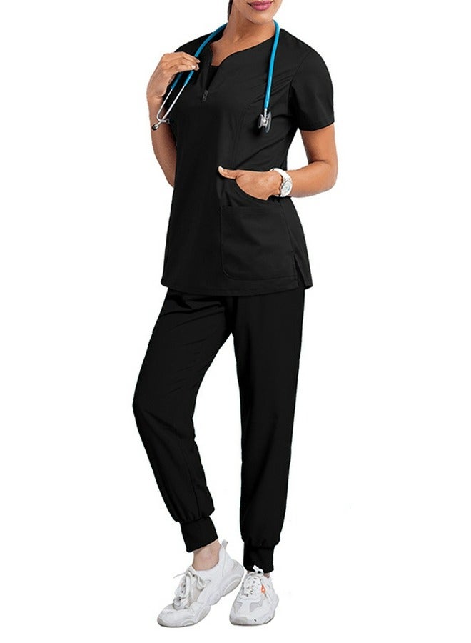 Loquat Womens Medical Uniform Scrubs Set Medical Scrubs 2 Piece Set Top and Pants Suit Black