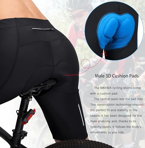 Bikewa شورتات دراجة للرجال مع وسادة 3D داخلية للدراجات الهوائية، شورتات ركوب الطريق والدراجات الجبلية، UPF 50+، جيوب بسحاب، أسود، حجم X-Large - Image 4