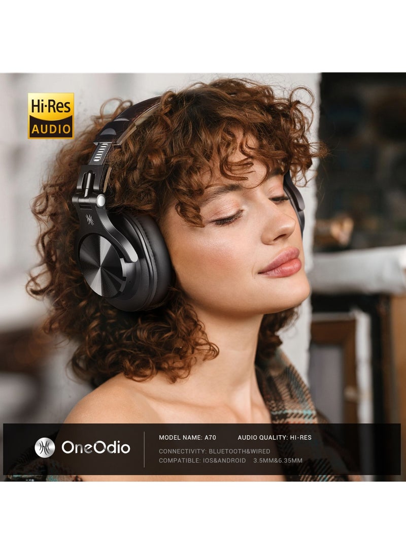 ون أوديو OneOdio A70 سماعات رأس بلوتوث مغلقة | سماعات لاسلكية بوقت تشغيل 72 ساعة، جودة صوت استريو مستوى مراقبة | قابلة للطي، منفذ صوت سلكي 3.5 مم/6.35 مم لـ جيتار ديجي وتوسيع الكمبيوتر - أسود - Image 2