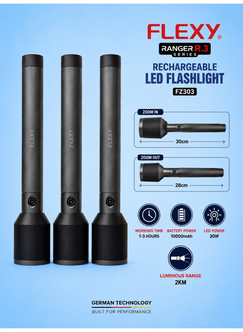 فليكسي FZ303- مجموعة كشاف فليكسي رينجر R3‏ 3 في 1 قابلة للشحن، بطارية 10000mAh، LED بقوة 30 واط، شحن Type-C، مدى إضاءة حتى 2 كم، هيكل ألمنيوم، ضمان 4 سنوات. - Image 2
