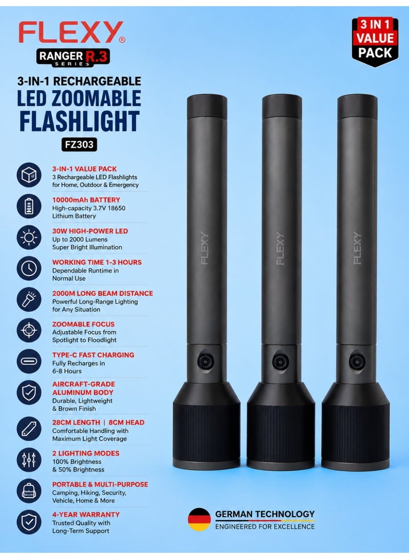 فليكسي FZ303- مجموعة كشاف فليكسي رينجر R3‏ 3 في 1 قابلة للشحن، بطارية 10000mAh، LED بقوة 30 واط، شحن Type-C، مدى إضاءة حتى 2 كم، هيكل ألمنيوم، ضمان 4 سنوات. - Image 3