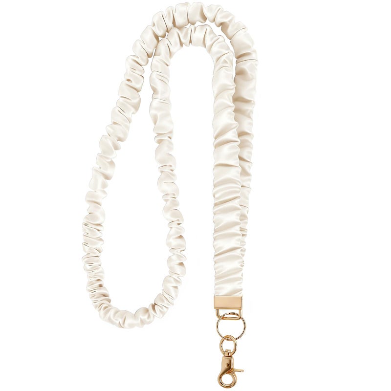 Ajmyonsp Scrunchie Lanyard for ID Badges Teacher, Stretchy Neck Key Lanyards for Women Men Nurse, Breakaway Cute Retractable Keychains Holder Clip for Cruise Ship Cards, Beige - Image 1