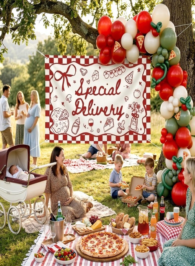 Ticuenicoa Special Delivery Pizza Baby Shower Banner, Italian Baby Shower Slice Slice Baby Shower Decorations Banner, 70.8x43.3in Red Gingham Gender Neutral Photo Backdrop with 75pcs Balloons - Image 5
