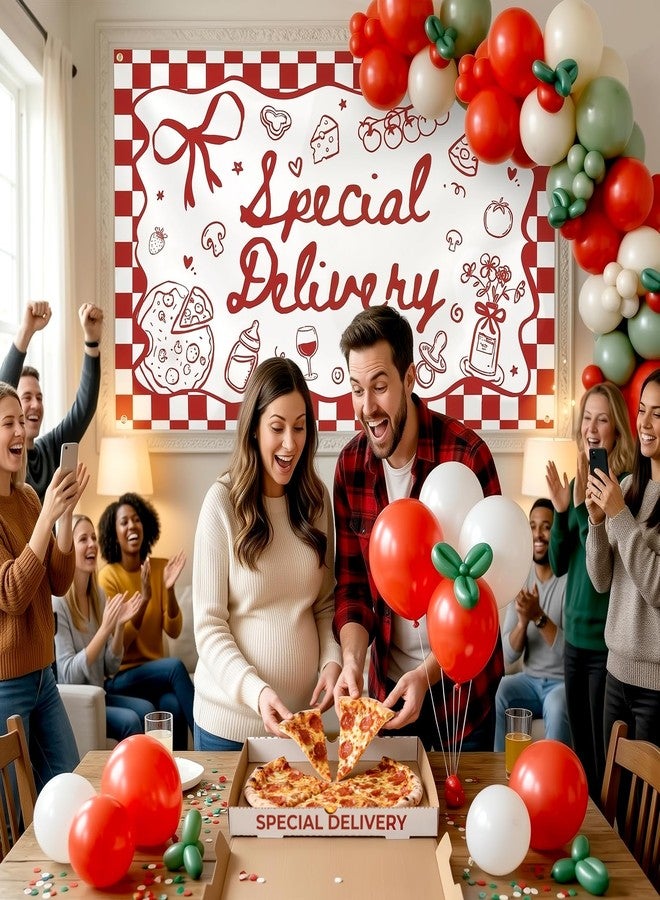Ticuenicoa Special Delivery Pizza Baby Shower Banner, Italian Baby Shower Slice Slice Baby Shower Decorations Banner, 70.8x43.3in Red Gingham Gender Neutral Photo Backdrop with 75pcs Balloons - Image 2
