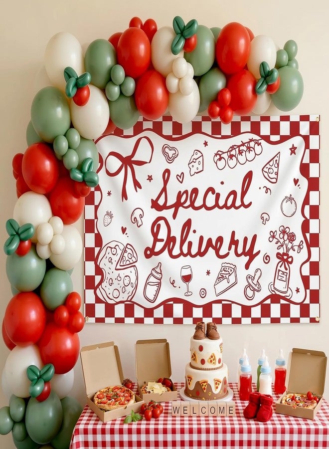 Ticuenicoa Special Delivery Pizza Baby Shower Banner, Italian Baby Shower Slice Slice Baby Shower Decorations Banner, 70.8x43.3in Red Gingham Gender Neutral Photo Backdrop with 75pcs Balloons - Image 1