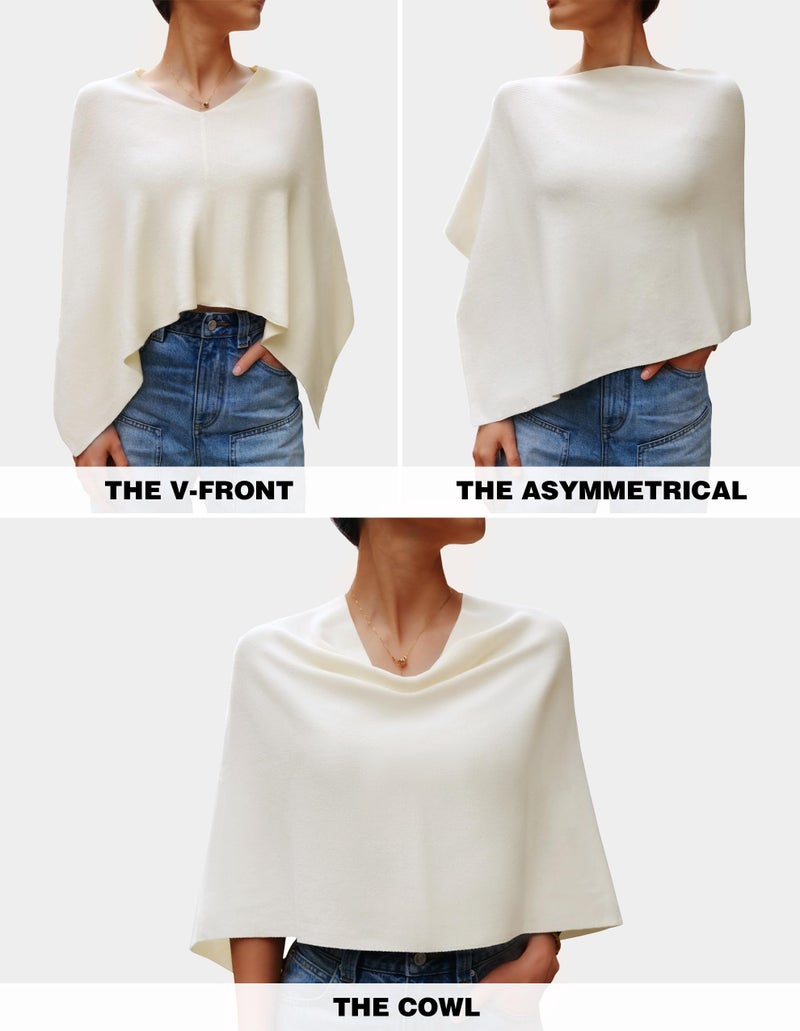 PULI Women Capri Poncho Sweater Petite Cropped Versatile Shawl Slender Frame Fit Soft Knit Wraps Cowl Neck Short Tops ivory white - Image 5