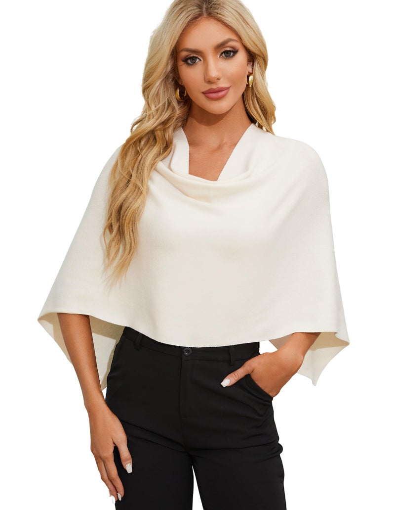 PULI Women Capri Poncho Sweater Petite Cropped Versatile Shawl Slender Frame Fit Soft Knit Wraps Cowl Neck Short Tops ivory white - Image 1
