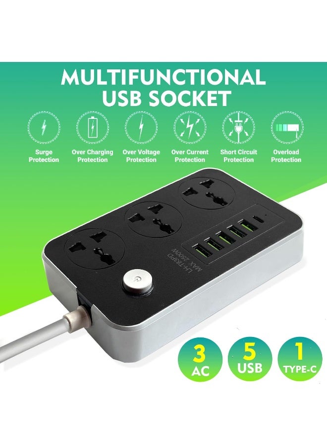 SKY-TOUCH Power Strips Extension Cord 3 Outlets, Power Socket with 5 USB & 1 Type-C Ports Universal Charging Socket with 2M Bold Extension Cord - Image 2