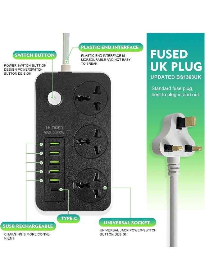 SKY-TOUCH Power Strips Extension Cord 3 Outlets, Power Socket with 5 USB & 1 Type-C Ports Universal Charging Socket with 2M Bold Extension Cord - Image 3