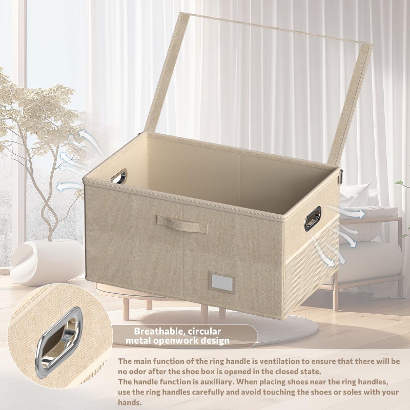 FHSQX Shoe Organizer for Closet, Shoe Box Storage Containers Fit 18 Pairs Foldable Shoe Storage Bins with Clear Cover & Adjustable Dividers for Shoes Blankets Linen Clothing (Beige, (24.4*16.5*12.9)x1) - Image 5