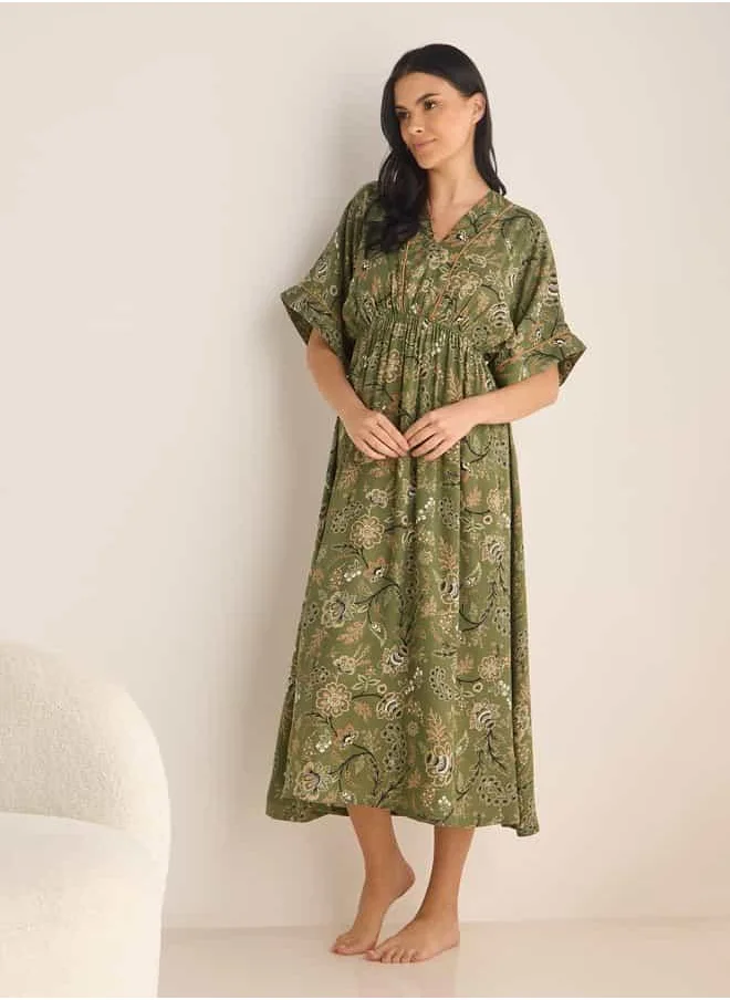 FAV Floral Print Night Gown with Tie-Up and Shirred Detail