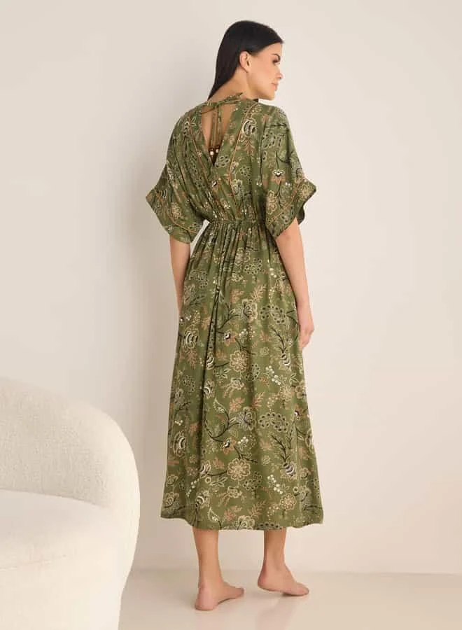 Splash FAV Floral Print Night Gown with Tie-Up and Shirred Detail